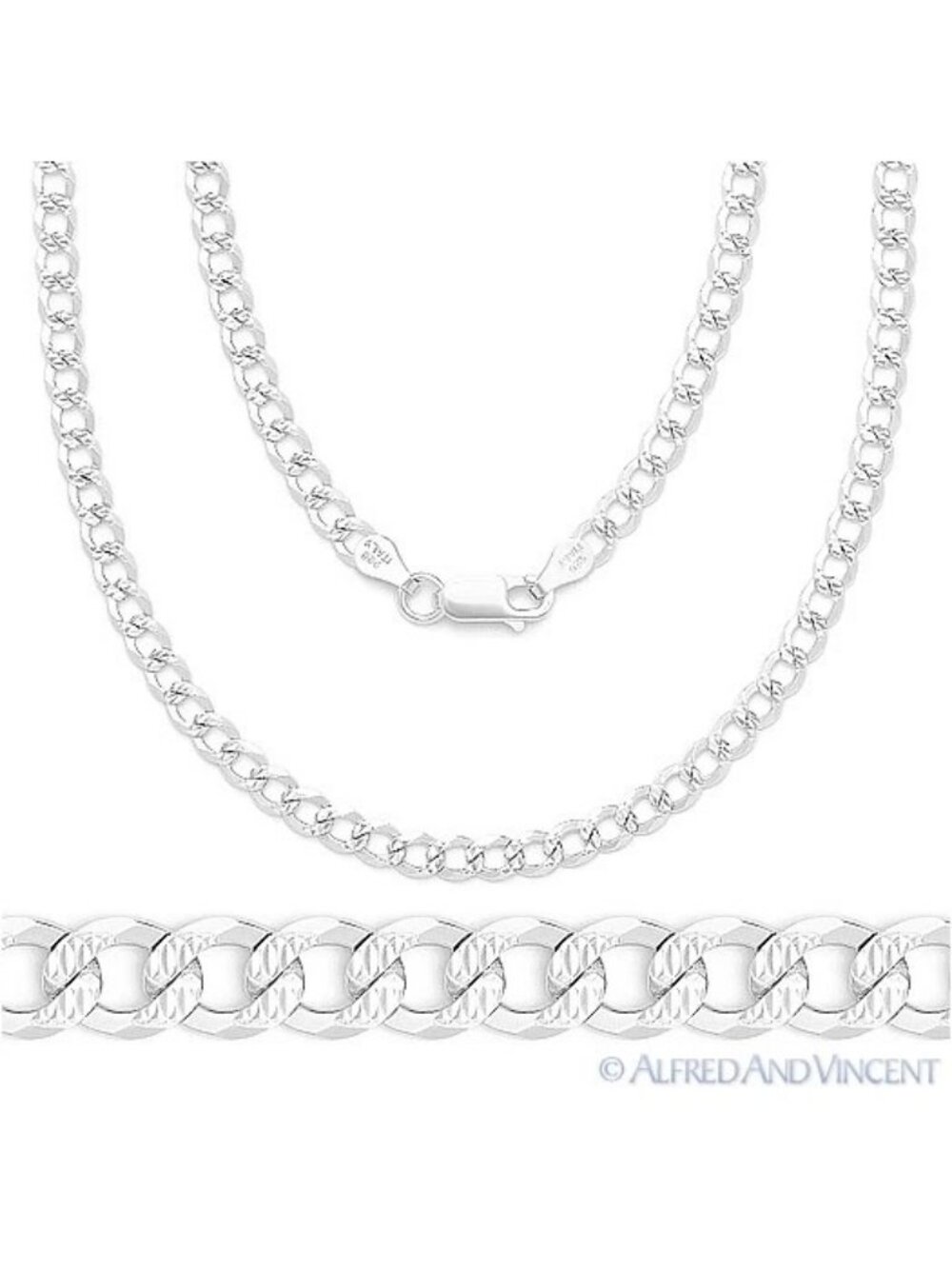 4.4mm Cuban / Curb Link D-Cut Pave Chain Necklace in .925 Sterling Silver - 24"